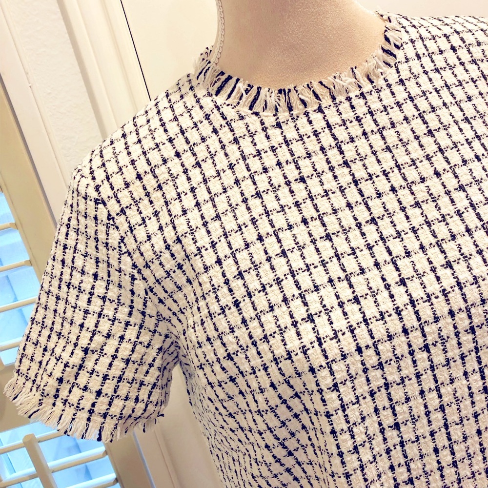 NWT Ann Taylor Fringe Tweed Black White Lined Top